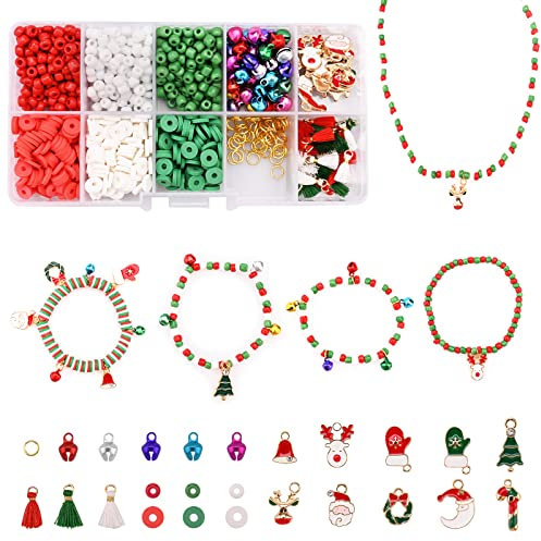 Jodsen Weihnachtliche Weiche Tonperlen, 960 Stück Bastelset Erwachsene Perlen für Armbänder mit 7,5 m Kristallseil, Schmuck Selber Machen Set Erwachsene für Schmuckherstellung Ringe Ohrringe Anhänger