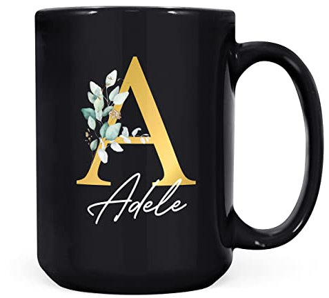 Personalised Letter A Floral Mug Initial with Name, Customised Gift, Gold Effect Printed Letter, NOT Metallic - Ceramic Coffee Cup for Men or Women, Extra Large and Giant Mug, 15oz Black Cup