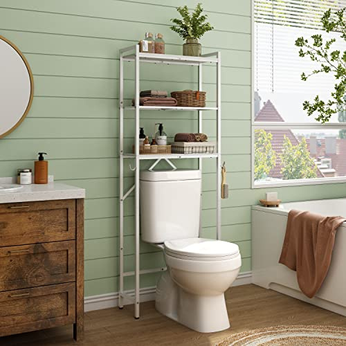 Hoctieon Over The Toilet Storage, 3-Tier Over-The-Toilet Space Saver Organizer Rack, Stable Metal Freestanding Above Toilet Stand with Hooks for Bathroom, Restroom, Laundry, White