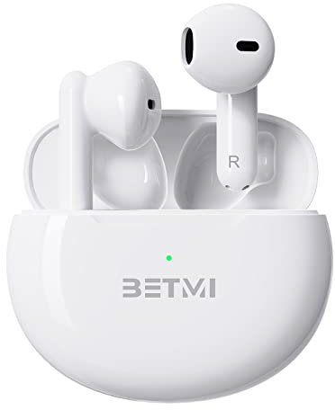 BETMI - Auriculares Verdaderamente Inalámbricos - Auriculares Bluetooth 5.3 - Tiempo de Reproducción 40h, ipx5 TWS Impermeable, con Dos Micrófonos, Versión Deportiva - Blanco