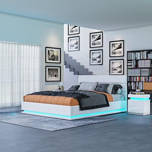 BESTWANTED Gas Lift Ottoman Storage Bed,4FT6 Double Bed Frame with Storage, Ottoman Bed with LED Lights, Faux Leather, White