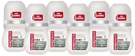 Borotalco, Deodorant für Herren, Roll On unsichtbar, alkoholfreie Formel mit Talkum-Schutz, Anti-Flecken, Moschus, 72 Stunden Wirksamkeit, 6 Stück à 50 ml