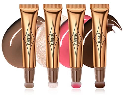 Prreal 4Colors Contour Highlighter Blush Beauty Wand, Shimmer Concealer Blush Highlighter Pen,Creamy Matte Body Face Liquid Concealer Blush Highlighter Stick with Soft Cushion Applicator(01+04+07+08)