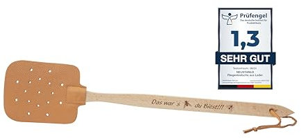 Neustanlo - Fliegenklatsche aus Holz und Leder - mit Spruch Das war´s du Biest!!! - extra stark - mit Holzstiel und Lederband - 47,5 cm