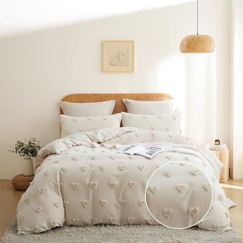 Freyamy Böhmen Bettwäsche 200x240cm 3teilig Beige Getuftet Herz Boho Bettwäsche Stickerei Shabby Chic Bettwaren-Sets Microfaser Weiche Bettbezug mit Reißverschluss und 2 Kissenbezug 80x80cm