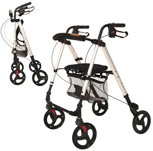 MobiQuip Aluminium Rollator, 4 Wheeled Walker with Seat and Storage Basket, Weighs Just 6.4kg Lightweight Folding Mobility Aid, Easy to Fold Walking Frame, for Elderly or Disability, Silver
