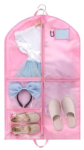 Kleidersäcke mit Viele Taschen,Faltbare Kinder Kleidersack Kurz Kleidungs Hängeabdeckung für einfache Organisation für Tänzer,Aufführungen,Wettbewerbe,Schönheitswettbewerbe,Reisen(Rosa)