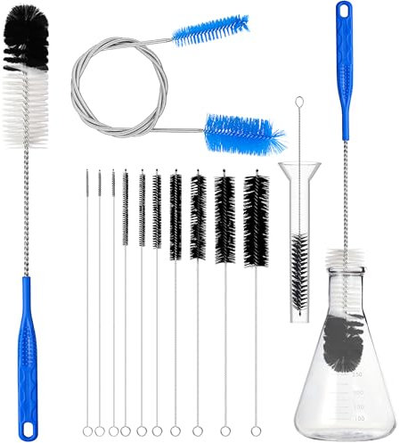 Kit de 12 cepillos limpiadores de tubos de vidrio, cepillo largo de nailon para embudo de vidrio y botella, cepillo de mango largo de 17 pulgadas, cepillos de 8.2 pulgadas de diferentes diámetros,