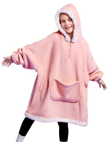 Giggling Getup tragbare Decken Hoodie für Mädchen und Jungen, Übergröße Flanell Sherpa Fleece Kapuzen Decke, Weiche, komfortabele und warme Decke mit riesiger Tasche und Ärmeln für Kinder Pink