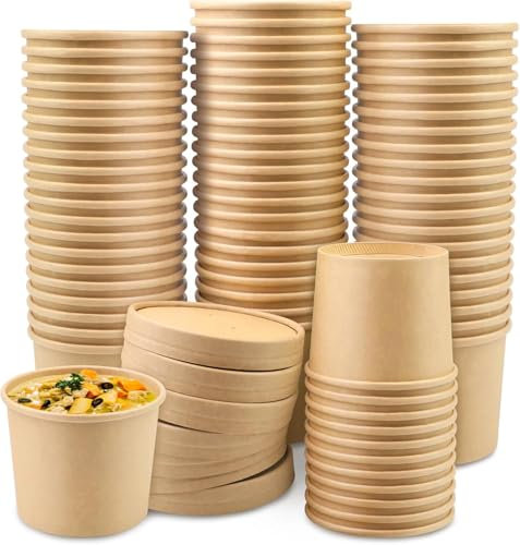 ECONX Disposable Soup Containers with Lids Paper Bowl Brown Kraft Takeaway Paper Soup Cups Takeaway Tubs for Hot or Cold Food Ice Cream, Dessert, Sundae, Frozen Yogurt, Deli Containers (50, 12oz)