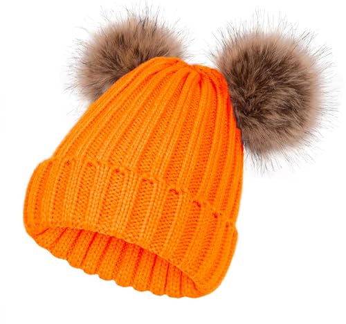 SERENYOU Kinder Wintermütze Mütze Double Pom Pom Kleinkind Jungen Mädchen warm gestrickt Bommelmütze Orange