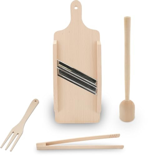 KERAZO Lot de 4 mandolines en bois de hêtre avec pilon, pince, fourchette. Idéal pour la fabrication de choucroute et légumes fermentés (41 x 16 cm)