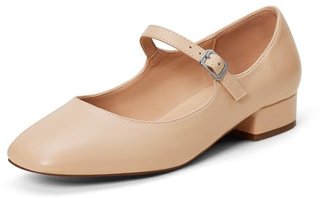 GENSHUO Mary Jane Women's Shoes, Flat Pumps with Square Toe, Comfortable and Simple, with Cushioned Insole, Beige, 3 UK