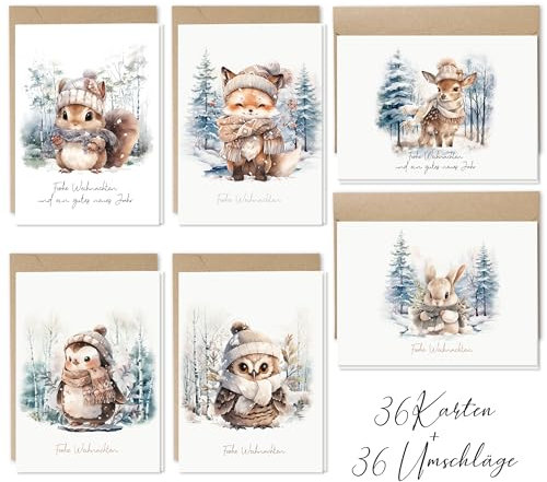 36 Weihnachtskarten, Weihnachtskarten mit Umschlag Set, A6 Klappkarten Kraftpapier Umschlag, Frohe Weihnachten Merry Christmas xmas Aquarell Waldtiere Reh Fuchs Hase Eule Eichhörnchen Pinguin