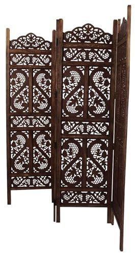 iAnanas Handgefertigter Raumteiler – 3-teiliger Faltbarer Paravent aus Massivem Mangoholz & MDF mit Künstlerischem Blumenmuster, Leicht, Platzsparend & Einfach zu Montieren, 140 x 2 x 180 cm