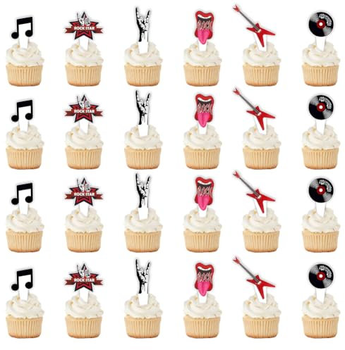 24Pcs Rock and Roll Cupcake Toppers,Retro Music Theme Born to Rock Music Note Guitar Cake Cupcake Toppers Photo Booth Props Birthday Cake Decoration for 50s Rock Music Party Decoration Supplies
