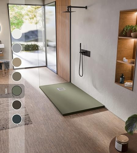 BELLOBATH - Plato de ducha de resina antideslizante - Textura pizarra suave - Plato ducha incluye válvula desagüe y rejilla- Kaki - 70 X 150 cm
