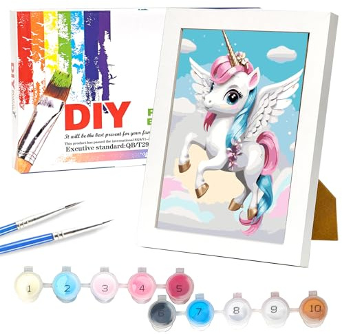 Nilnewuh Einhorn Malen Nach Zahlen mit Holzrahmen für Kinder ab 6 Jahre, Junior und Erwachsene Anfänger, 18x24cm Klein DIY Gemälde Bastelset, Painting Kit mit Leinwand Pinseln Acrylfarben für Mädchen