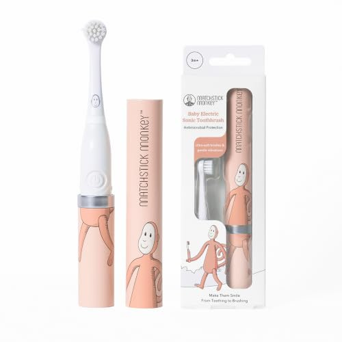 Matchstick Monkey Baby Electric Sonic Toothbrush, Dusty Pink | Infant Toothbrush with Gentle Sonic Vibrations And Ultra-Soft Bristles For Early Oral Care From 3 Months+