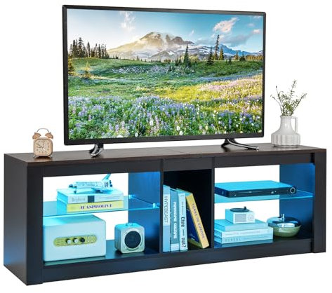 GYMAX Banc TV LED Multicolore pour Téléviseurs jusqu'à 65, Meuble TV avec 5 Compartiment de Rangement Ouvert, Etagères Réglables en Verre Trempé, Console TV Moderne pour Chambre, Salon