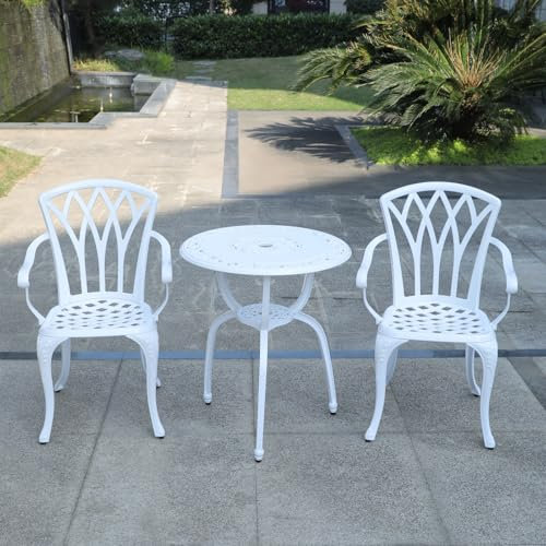 TangXiaoQi Gartenmöbel Set 3-teilig, Bistro-Set aus Aluminiumguss, Ornamentaler Tisch und 2 Stühle (weiß)