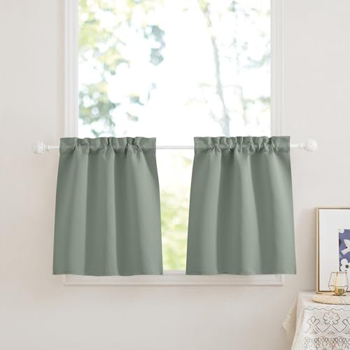 PONY DANCE Tende a Vetro per Finestra Moderne 2 Pezzi 60x45 CM Tende Piccole per Finestre Corta Tendine a Vetro Oscuranti per Interni Curtains Termiche, Verde Salvia
