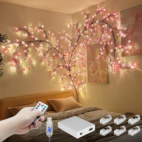 FNHMSL Luces de vid de sauce encantado de cerezo, 4 pies, 48 LED, luces de ramas de árbol de cerezo rosa para pared, temporizador remoto, modelo de 8 luces, puertas de pared de dormitorio, boda