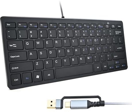 Upgraded Powboro Compact USB C Mini 78 Scissor Key Keyboard, Portable USB Slim Wired Keyboard for PC, Laptop, Desktop, Windows, Mac, Plug and Play Space-Saving US Layout for Office Home Travel (Black)