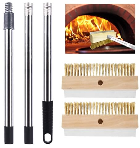 Heavy Duty Wire Broom Pizza Oven Cleaning Brush Scrubbing Brush 2Pcs Brass Wire Brushes with Scraper & 1.2M Handle Commercial Barbeque Grill Brush for Cleaning Wood Burning Ovens BBQ Pizza Stones