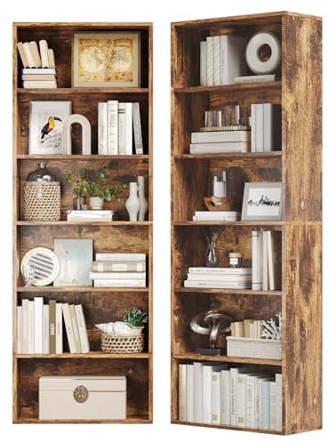 oneinmil Bücherregal, Bücherschrank mit 6 Ebenen, Standregal, Bücherregal Hoch, Modernes offenes Regal aus Holz, für Wohnzimmer, Schlafzimmer, Büro, Arbeitszimmer, Braun, 2 Pack