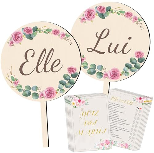 Bomtop Decoration Mariage, 2 Pièces Elle et Lui Pancarte en Bois et 12 Feuilles Quiz des Mariés Cartes de Questions, Jeu de Mariage pour les Invités, Jeu Elle et Lui pour Mariage, Jeux Mariage