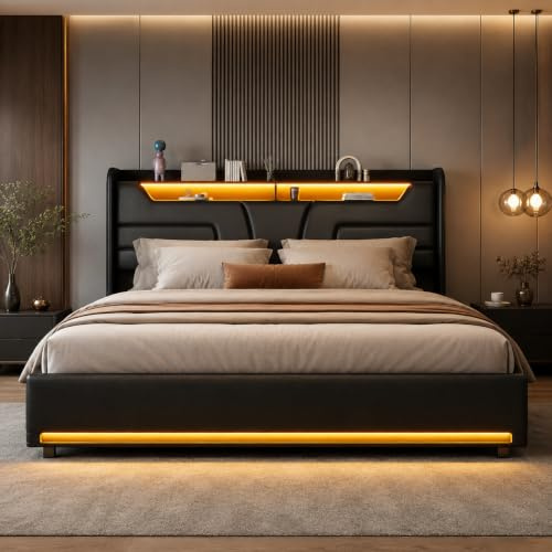 BRILVERDE Polsterbett 160x200 mit Stauraum, Doppelbett mit LED und USB, Jugendbett mit Kopfteil, Hydraulisch Stauraumbett, Bettgestell mit Lattenrost, Funktionsbett, PU (Schwarz, 160 x 200 cm)