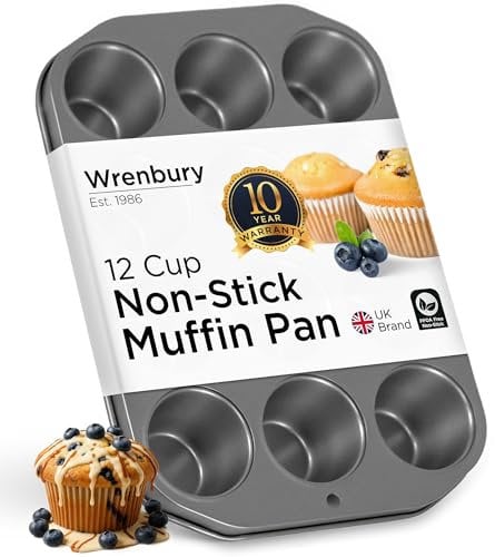 Wrenbury Non Stick Cupcake Tray for Baking 12 Cup - Deep Muffin and Yorkshire Pudding Tin - Even Bakes, Easy Clean, Food Safe - 7.5cm Cup