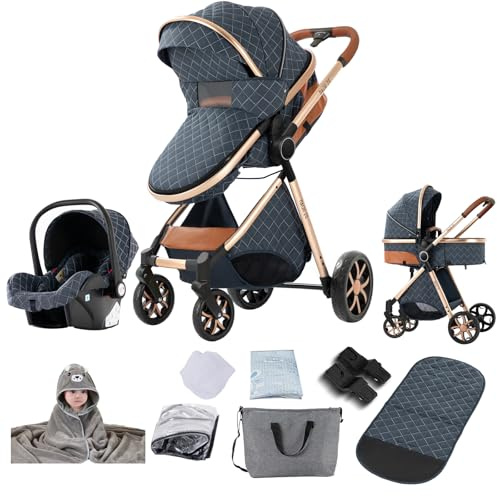 Reenborn Kinderwagen 3 in 1, Buggy mit Ein-Klick-Faltdesign, Kinderwagen mit Zwei Umkehrbaren Schiebemodi, Kombikinderwagen 3 in 1 Komplettset mit Rahmen Aluminiumlegierung (YV9 Blue)