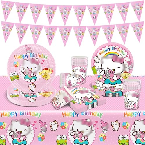 Luclay Geburtstag Deko Ballon Partygeschirr Kinder- Kity Ballons Pappteller Tischdecke Banner Party Tableware Supplies Kindergeburtstag Junge Mädchen Birthday Party Teller Servietten Tassen