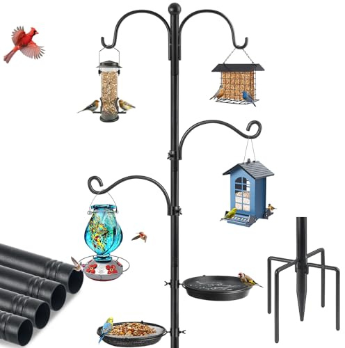 Bird Feeder Pole, Bird Feeding Station 88 Inch Shepherds Hooks for Outdoor Heavy Duty 1 Inch Dia Humming Birds Feeder Stand Hanger Post with 4 Hooks, Water Bowl and Birds Seed Tray