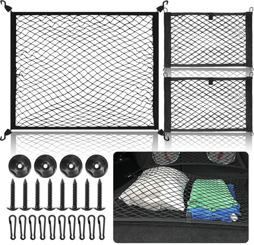 Lot de 3 Filet de Rangement Filet de Coffre Voiture | 1 Grille de Coffre et 2 Poches Filet, avec Crochets de Montage et Vis, Adaptable à Plupart des Voitures