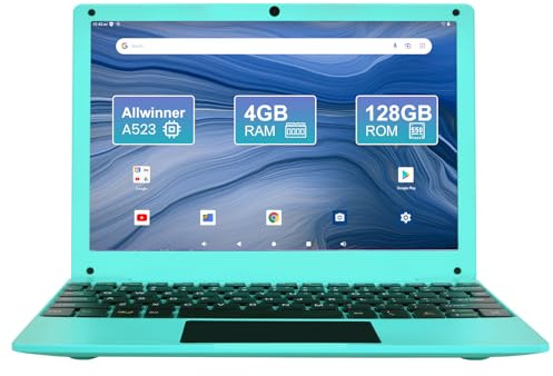 Fwmntu Mini Laptop Computer, 10.1 inch Android 13, 4GB RAM, 128GB Storage, HD IPS Display, 1280x800 Pixel, Portable Netbook with Allwinner A523 CPU Blue