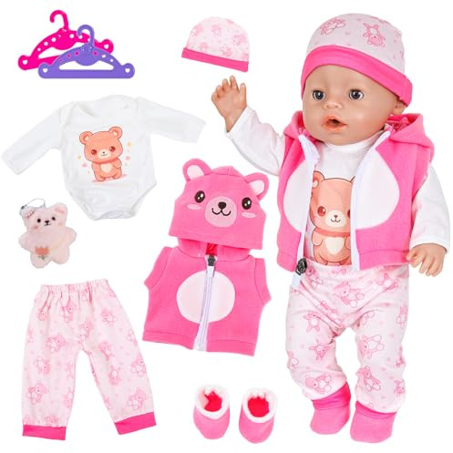 Puppenkleidung für 35-43cm Baby Puppen, 8 Stück Rosa Bärchen Baby Kleidung Puppenzubehör mit Strampler Hose Kapuzenweste Schuhe Bärchen Puppe 2 Kleiderbügel für 14-18 Zoll Puppen Weihnachtsoutfit