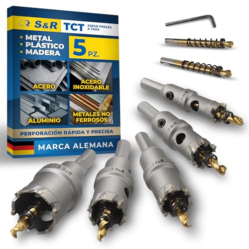 S&R Premium TCT hålsågs-set 5 delar 16–30 mm, hålborr metall rostfritt stål | Hårda legeringar, YG10X volframkarbid, hålborrsats med 7 st. pilotborr titanbelagd, hålskärare, metallfräs