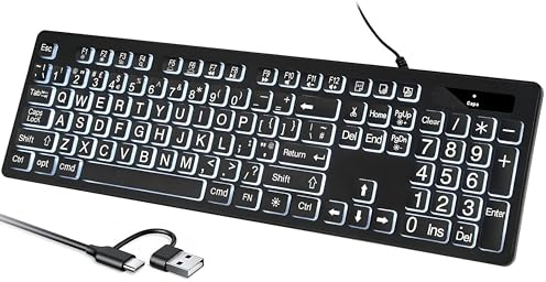 DHKBL Large Print Backlit Keyboard for Mac – Full Size Wired UK Layout Computer Keyboard with White LED Backlight, USB A + C Plug-N-Play, Compatible with Mac Mini, iMac, MacBook Pro/Air (QWERTY)