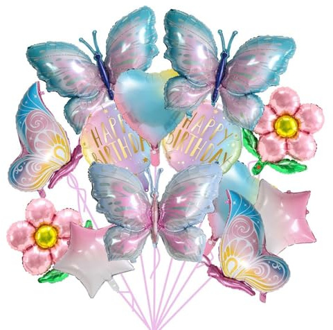 13 Stück Schmetterling Folienballons, Bunte Schmetterlinge & Blumen Luftballons, süße Blumen Helium Ballon,Happy Birthday Deko für Mädchen Geburtstag, Jubiläum & Gartenparty