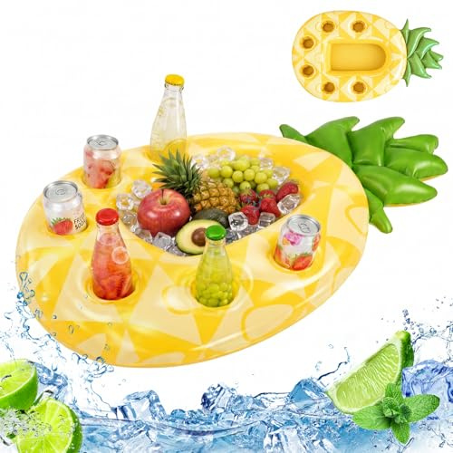 Minfuerang Ananas Poolbar,Aufblasbarer Getränkehalter mit 7 Löchern(Gelb)