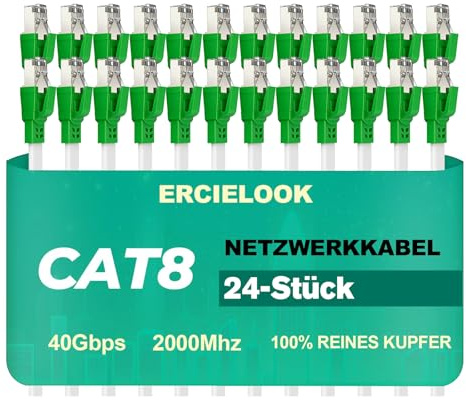 Ercielook Cable LAN de 0,15 m de longitud total (incluye conectores), 24 unidades, alta velocidad, 40 Gbps, cable de red Cat8 para sala de servidores y conexión de red, color verde