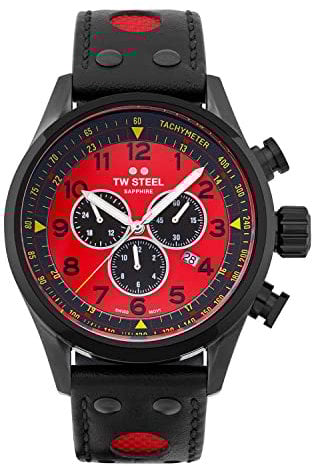 TW Steel Swiss Volante Herren 48mm Quarzuhr mit schwarzem Zifferblatt, schwarzem Lederarmband und Datum Kalender SVS304