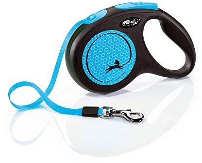 flexi® Neon M Gurt 5 m schwarz, neon-Blauer Gurt, reflektierende Seitenfläche, Roll-Leine für Hunde bis 25 kg