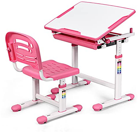 RELAX4LIFE Kinderschreibtisch und Stuhl Set, höhenverstellbarer Schreibtisch mit Schublade und Schultaschenhaken, winkelverstellbarer Schülerschreibtisch für Jungen und Mädchen, PP und Eisen (Rosa)