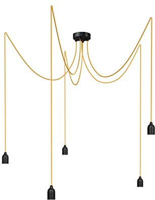 Relight Pendelleuchte 5-flammig Kraken (höhenverstellbar), E27 Lampenfassungen aus Bakelit, 5x 3 Meter Textilkabel Gold