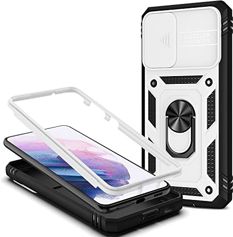 NALIA Military-Style Ringhülle kompatibel mit Samsung Galaxy S21 Hülle, Extrem Schützend mit Display-Rahmen & Kamera-Abdeckung, 360° Ring für Standfunktion & KFZ-Halterung, Hardcase, Farbe:Weiß