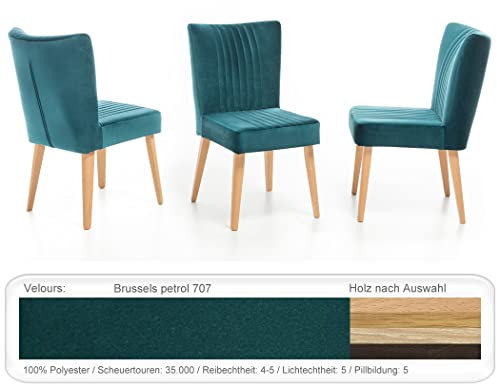 expendio 6X bequemer Polsterstuhl Jeta Stoffbezug Velours Esszimmerstuhl Massivholz Massivholzstuhl Küchenstuhl Verschiedene Varianten, Holzart:Eiche Natur lackiert, Bezugstoff:Brussels Petrol